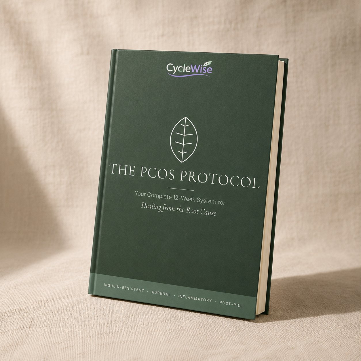The PCOS Protocol printed workbook standing upright, premium matte cover